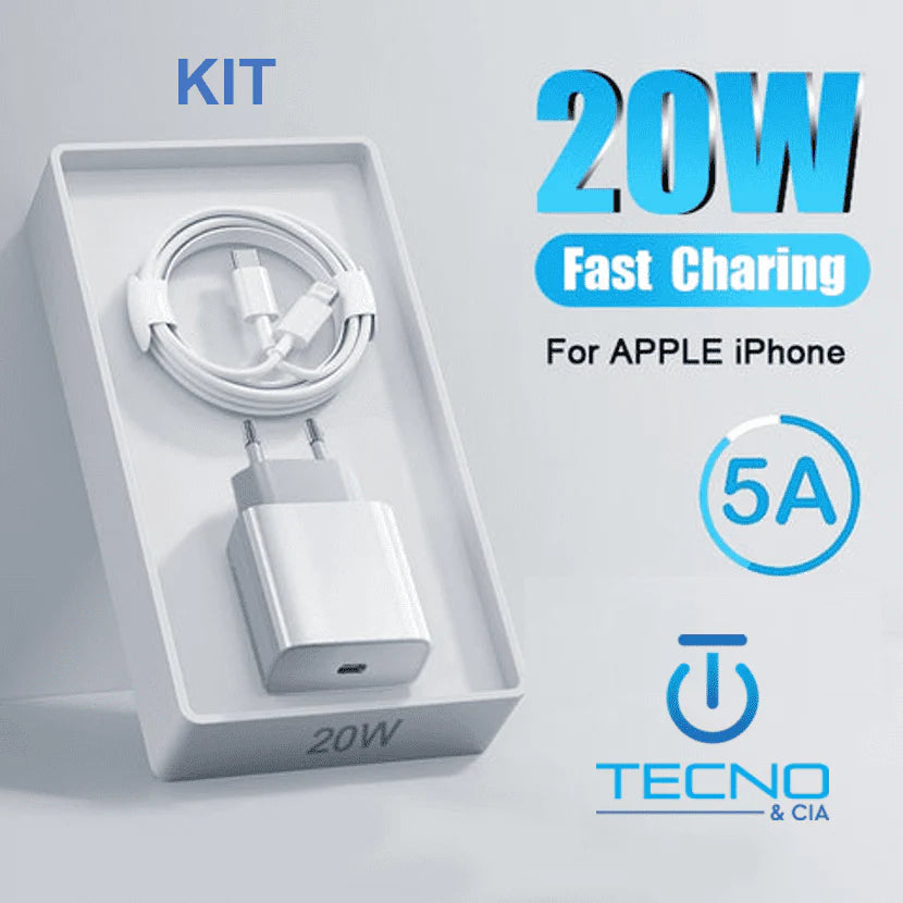 Kit Carregador USB-C PD20W + Cabo 2 metros para IPHONE Fast Charging