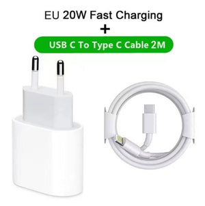 Kit Carregador USB-C PD20W + Cabo 2 metros para IPHONE Fast Charging